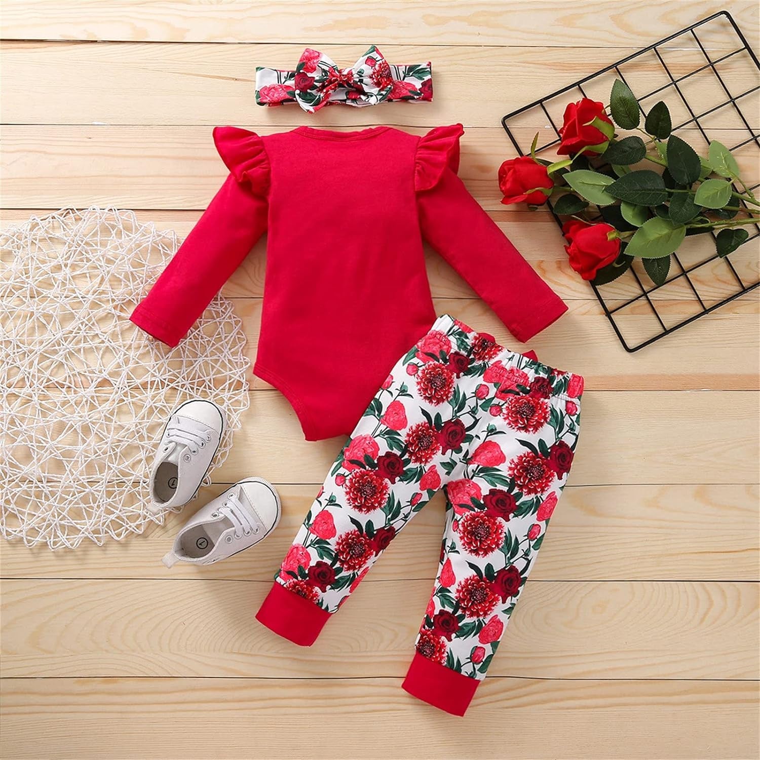 Newborn Girl Clothes 3PCS Baby Fall Winter Outifts Long Sleeve Letter Print Bodysuits Floral Bow Pant Headband Sets