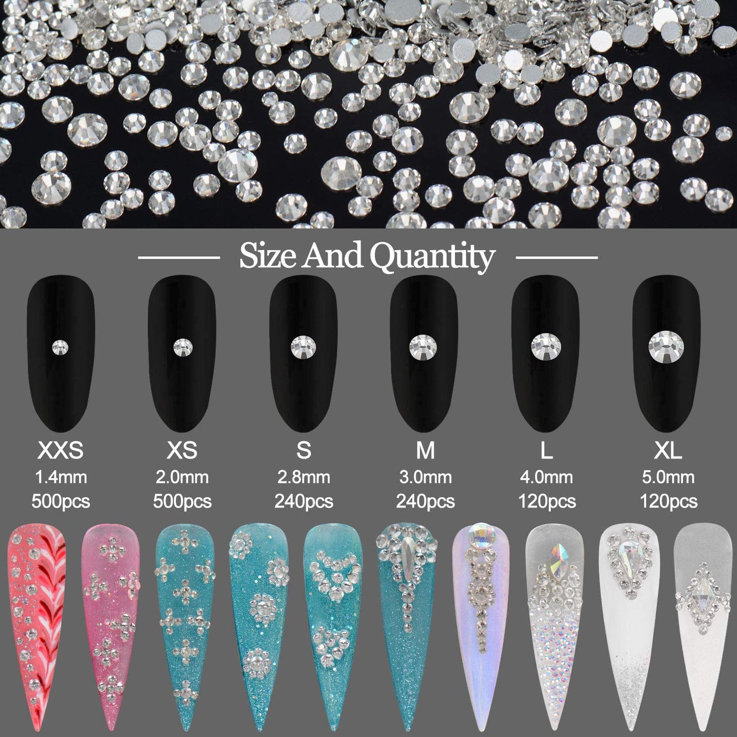 1840Pcs Clear Crystal Nail Rhinestones Set Nail Art Rhinestone Nail Art Gems 9K Clear Class Multi-Shape Flat Back Transparent Nail Jewels for Nail DIY Crafts Makeup