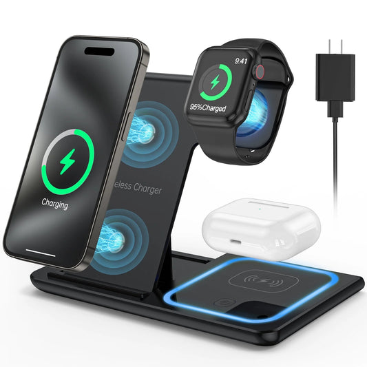 "✨ Charge in Style! 🚀 3-in-1 Wireless Charging Station for iPhone 15/14/13/12/11 Pro Max, Apple Watch, & AirPods! Fast 18W Power & Includes QC3.0 Adapter! 🔋 #WirelessCharging #TechGoals"