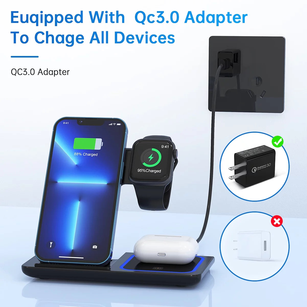 "✨ Charge in Style! 🚀 3-in-1 Wireless Charging Station for iPhone 15/14/13/12/11 Pro Max, Apple Watch, & AirPods! Fast 18W Power & Includes QC3.0 Adapter! 🔋 #WirelessCharging #TechGoals"