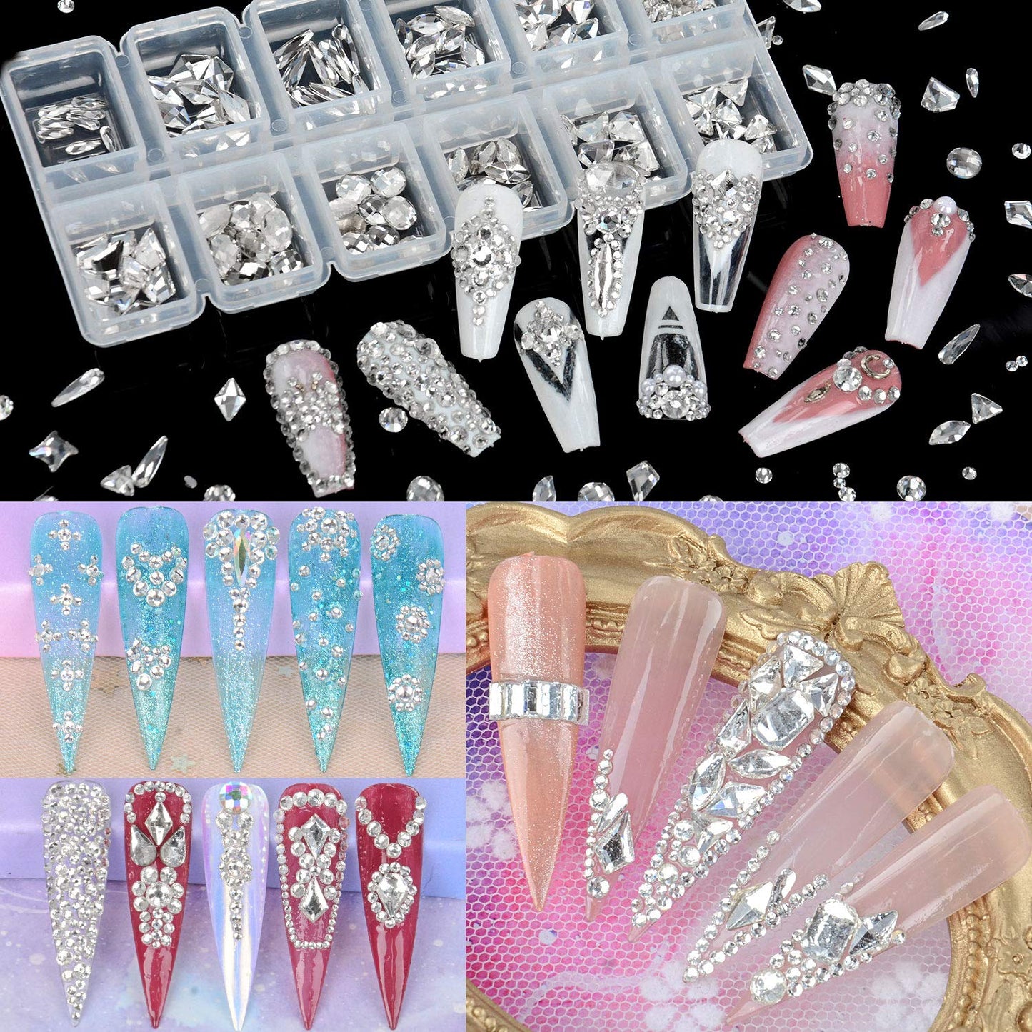 1840Pcs Clear Crystal Nail Rhinestones Set Nail Art Rhinestone Nail Art Gems 9K Clear Class Multi-Shape Flat Back Transparent Nail Jewels for Nail DIY Crafts Makeup