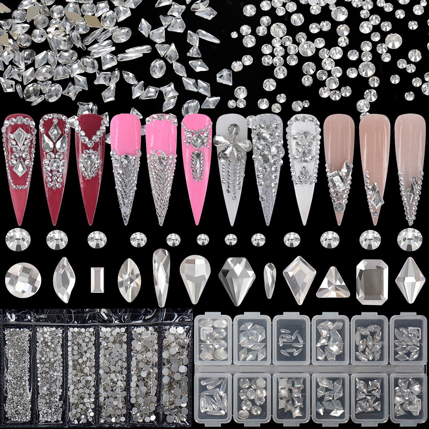 1840Pcs Clear Crystal Nail Rhinestones Set Nail Art Rhinestone Nail Art Gems 9K Clear Class Multi-Shape Flat Back Transparent Nail Jewels for Nail DIY Crafts Makeup