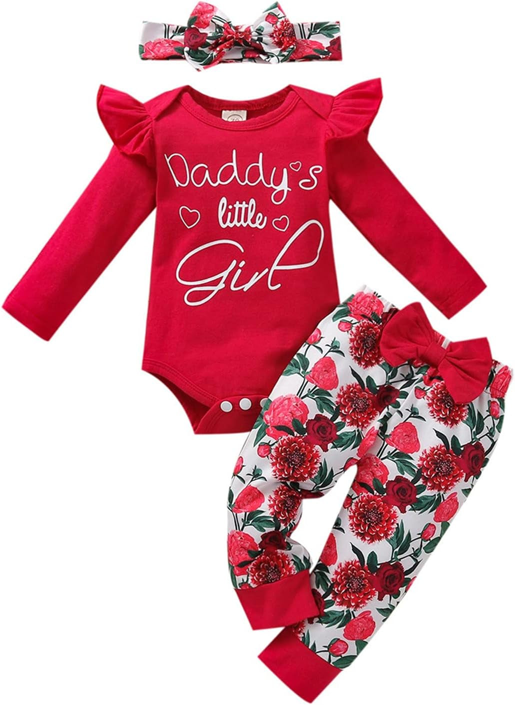 Newborn Girl Clothes 3PCS Baby Fall Winter Outifts Long Sleeve Letter Print Bodysuits Floral Bow Pant Headband Sets