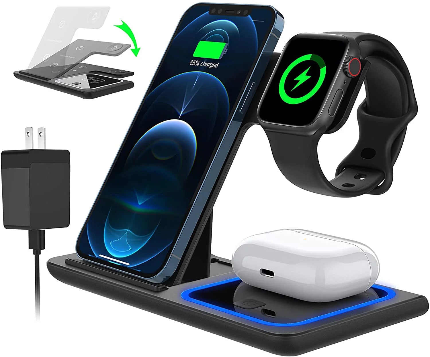 "✨ Charge in Style! 🚀 3-in-1 Wireless Charging Station for iPhone 15/14/13/12/11 Pro Max, Apple Watch, & AirPods! Fast 18W Power & Includes QC3.0 Adapter! 🔋 #WirelessCharging #TechGoals"